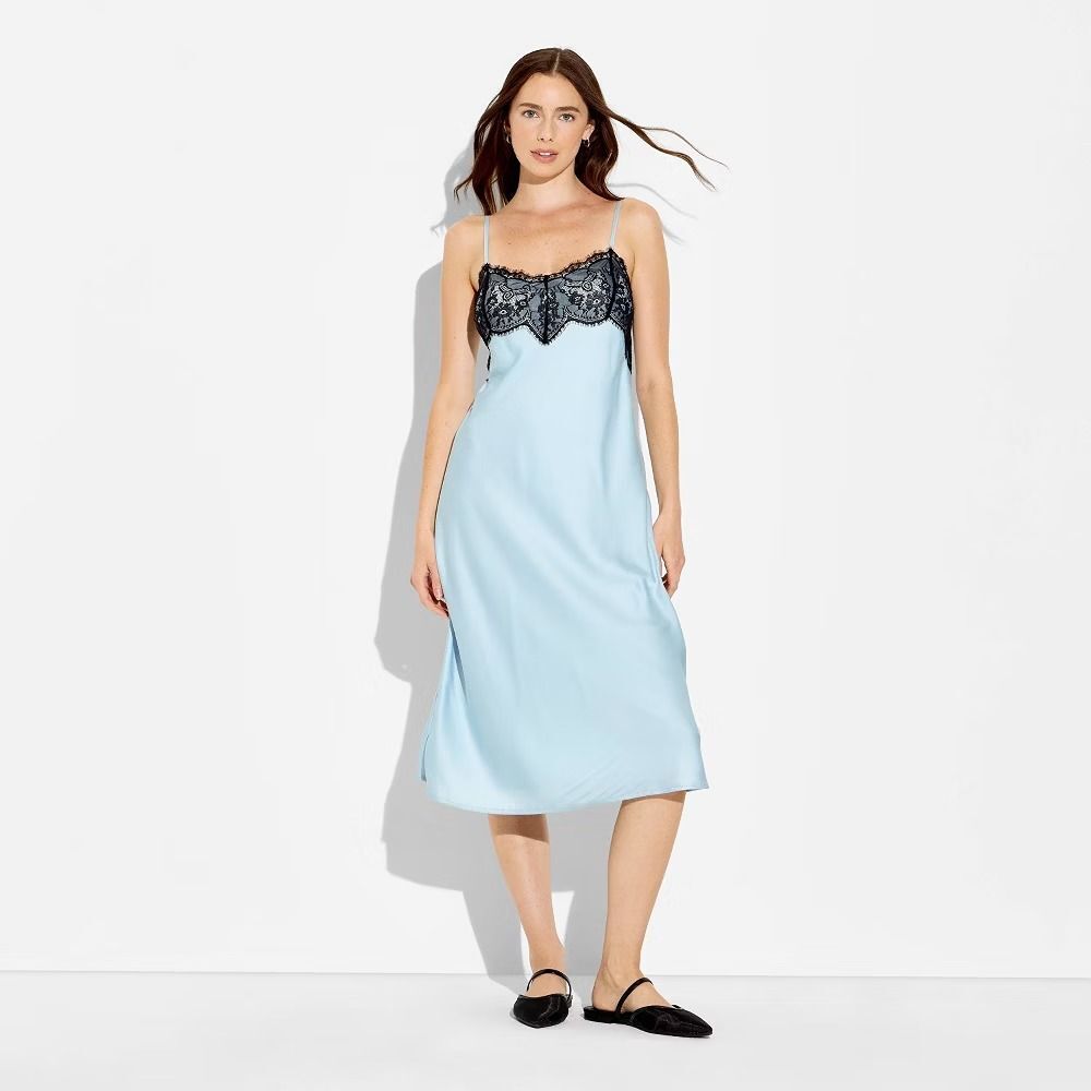 Women's Sleeveless Lace Trim Satin Midi A-Line Dress Wild Fable Blue M